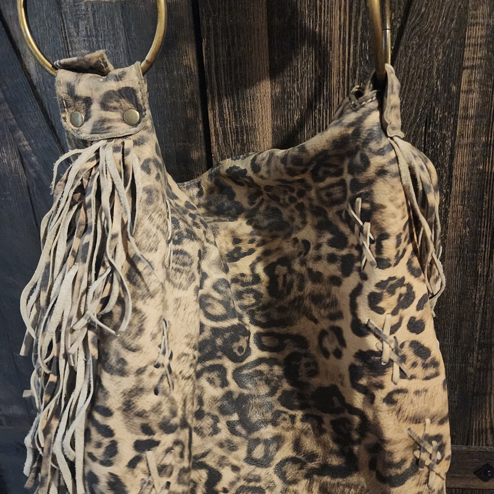 Leather Leopard Print Fringe Women's Bag - Picture 15 of 16